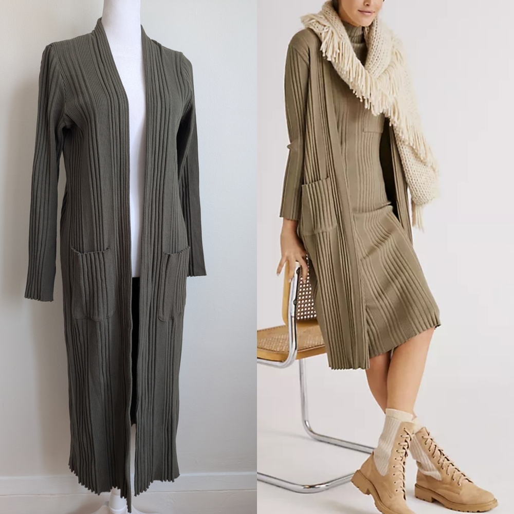 Stateside Organic Cotton Chunky Rib Knit Open Front Duster Cardigan Olive Green